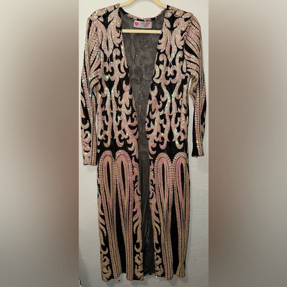 SouthernFriedChics Sequin Open Front Sheer Boho  Festival Kimono Style Duster